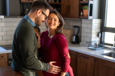 Aşk, şefkat, ilişki ve yeni aile kavramı. Aşık bir adam hamile karısına sarılır, birlikte bebeklerin gelmesini beklerler.