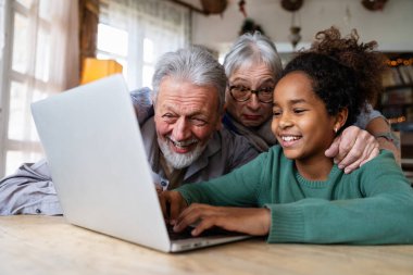 Torunuyla birlikte evde dizüstü bilgisayar oyunu izleyen neşeli büyükanne ve büyükbaba. Çevrimiçi alanda çok ırklı üyeleri olan çok nesilli aile