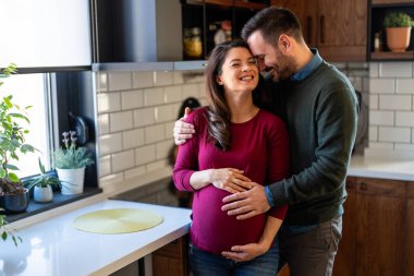 Aşk, şefkat, ilişki ve yeni aile kavramı. Aşık bir adam hamile karısına sarılır, birlikte bebeklerin gelmesini beklerler.
