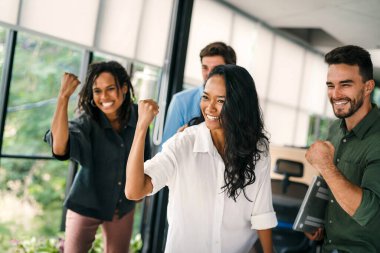 Çok ırklı, çeşitli girişimciler ve iş adamlarından oluşan başarılı bir grup birlikte hedeflere ulaşıyorlar. Görevde başarılı bir projeyi kutluyorlar.