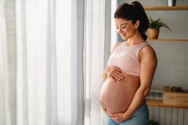 Evde çalışan hamile bir kadının portresi. Hamile kadın evde yoga yapıyor. Hamilelik yogası ve fitness.