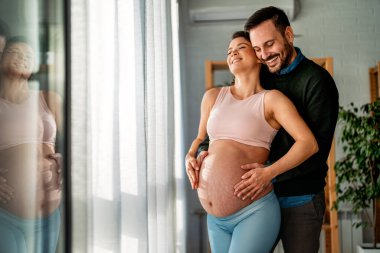 Aşk, şefkat, ilişki ve yeni aile kavramı. Aşık bir adam hamile karısına sarılır, birlikte bebeklerin gelmesini beklerler.