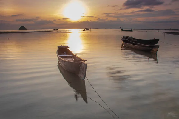 stock image Boat on the beach at sunrise in Aceh province, Indonesia.