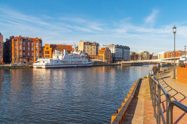 Gdansk, Poland - 11 March, 2022: Beautiful Old town of Gdansk at Motlawa river. Travel