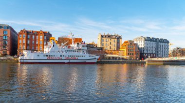 Gdansk, Poland - 11 March, 2022: Beautiful Old town of Gdansk at Motlawa river. Travel