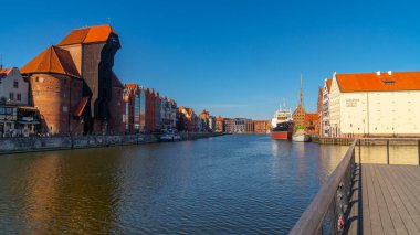 Gdansk, Poland - 11 March, 2022: Beautiful Old town of Gdansk at Motlawa river. Travel