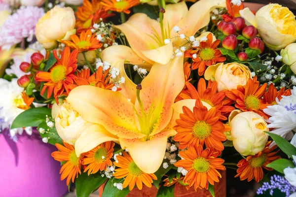 stock image Beautiful bouquet of different varieties of flowers. Gift