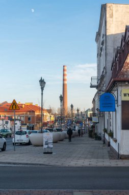 Czestochowa, Polonya - 01 Ocak 2023: Czestochowa 'daki yüksek endüstriyel baca, sanayi