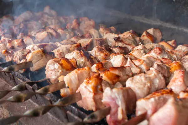 Geleneksel Gürcü Mtsvadi, kömürleri dumanla kızart. Shashlik, barbekü.