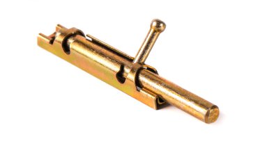 Sarı metal kapı mandalı beyaz arka planda izole edilmiş. Kapı ya da pencere için kilitle