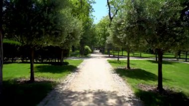 Yol ve güzel ağaçlar parkta koşmak, yürümek ve bisiklete binmek için pist çiziyor. Rahatla.