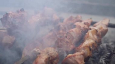 Geleneksel Gürcü Mtsvadi, kömürleri dumanla kızart. Shashlik, barbekü.