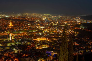Tiflis 'in Kutsal Üçlü Katedrali, Mtatsminda' dan gece görüşü. Georgia