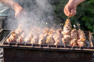 Geleneksel Gürcü Mtsvadi, kömürleri dumanla kızart. Shashlik.