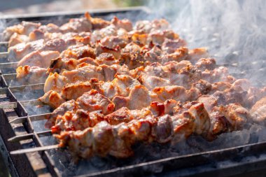 Geleneksel Gürcü Mtsvadi, kömürleri dumanla kızart. Shashlik.