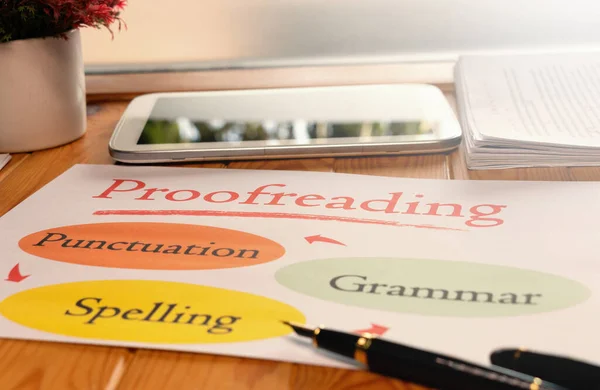 Proofreading Information Sheet Wooden Table Office — Stock Photo, Image