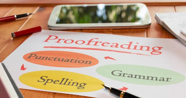 Proofreading Information Sheet Wooden Table Office — Stock Photo, Image