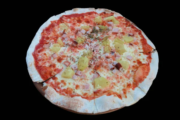 Isolated Hawaiian Pizza Ham Pineapple Top Black Background — Stock Photo, Image