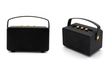 İzole edilmiş modern siyah bluetooth koleksiyonu beyaz arka planda konuşur 