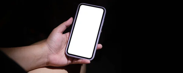 Närbild Man Händer Som Håller Mobiltelefon Vit Tom Skärm För — Stockfoto