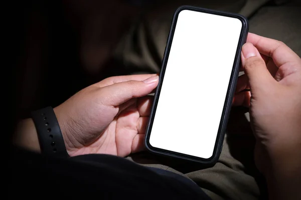 Vedere Apropiată Mâinilor Omului Care Țin Telefonul Mobil Ecran Alb — Fotografie, imagine de stoc