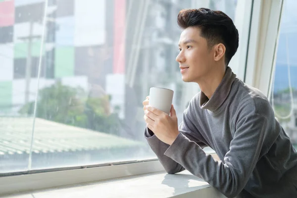 Contemplative Start Businessman Drinking Coffee Looking Window Dreaming New Career — Stock Photo, Image