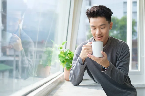 Handsome Man Enjoying Cup Coffee While Length Office Window — Stock Photo, Image