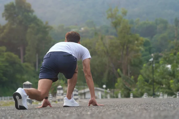 Athlete Asian Man Running Start Pose City Street Sport Tight — Stok fotoğraf