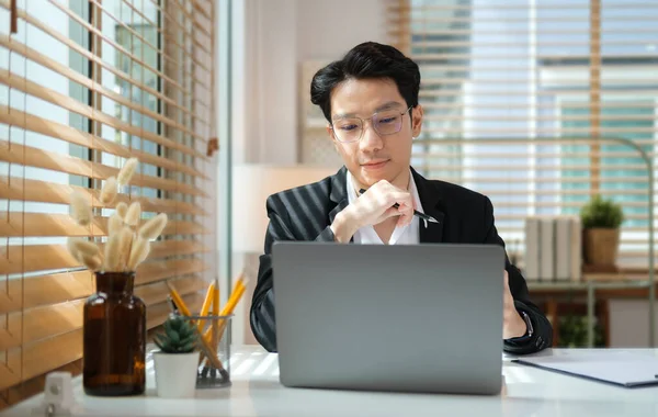 Smiling Young Businessman Using Laptop Signing Document White Working Desk — 图库照片