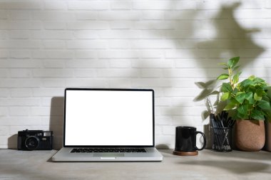 Dizüstü bilgisayarı, kamerası, kahve fincanı ve gri masadaki saksı bitkisi ile yaratıcı çalışma alanı.