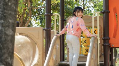 Cute little girl having fun on outdoor playground. Outdoor activity and childhood concept.