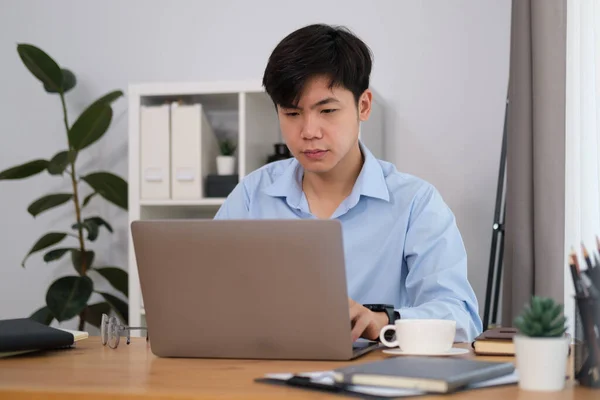 Smiling Handsome Asian Man Freelancer Working Laptop Computer — 图库照片