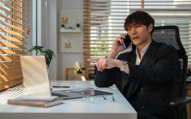 Erkek girişimci dizüstü bilgisayar kullanıyor ve iş ortağıyla cep telefonuyla konuşuyor..