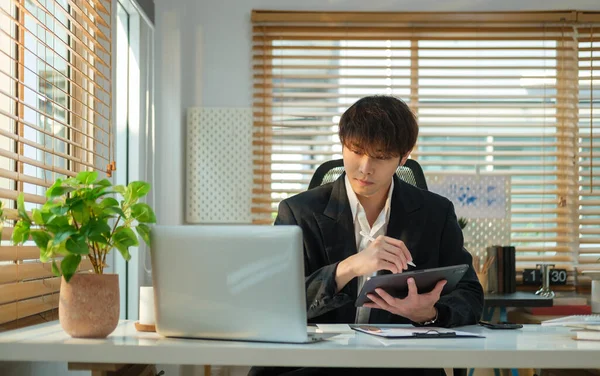 Handsome Young Businessman Using Computer Laptop While Sitting Bright Modern — Stock Photo, Image