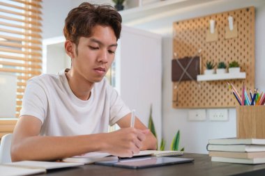 Ev ödevi yapan gülümseyen kız öğrenci, online araştırma projesinde çalışıyor uzaktan eğitim online sınıf o film dizisini izliyor sıcak güneşli oturma odasında dizüstü bilgisayarda..