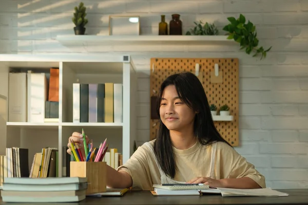 Cute Teenager Girl Doing Her Homework Cozy Sunny Living Room — Stock Photo, Image