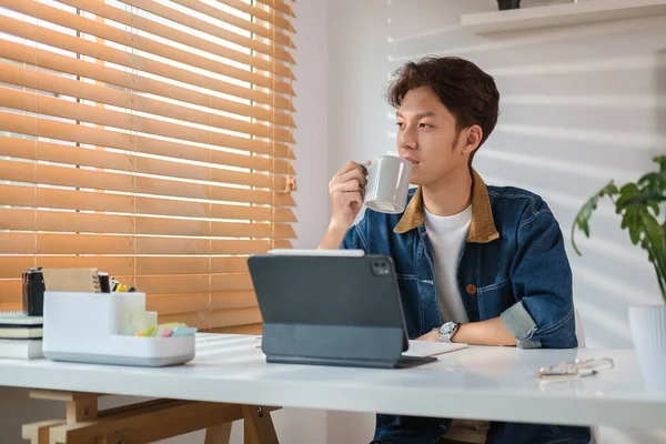 Thoughtful Man Looking Window Drinking Morning Coffee Home Office — Stock Photo, Image