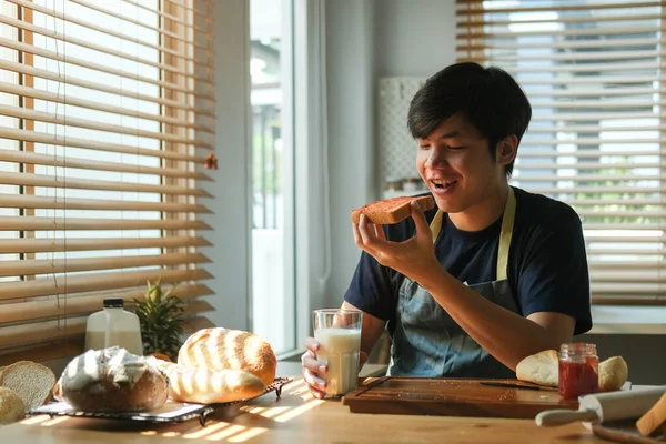 Happy Asian Man Having Toasted Bread Jam Breakfast Home — Stock Photo, Image
