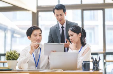 Image of colleagues discussing results of presenting new project on laptop.	