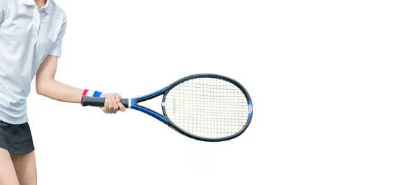 Női Teniszező Kezében Ütő Elszigetelt Fehér Háttér Másolási Hely — Stock Fotó