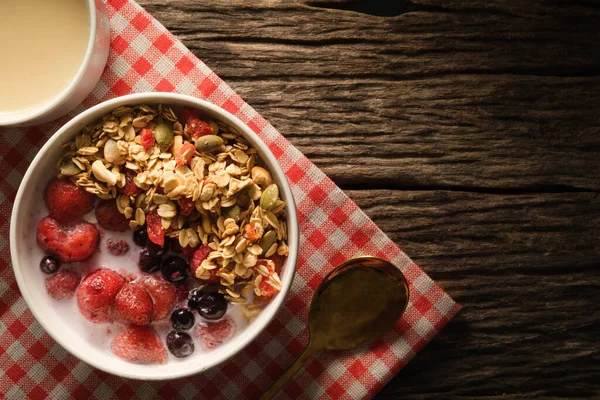 Healthy Breakfast Crunchy Oat Granola Fresh Milk Berries White Bowl — Stock Photo, Image