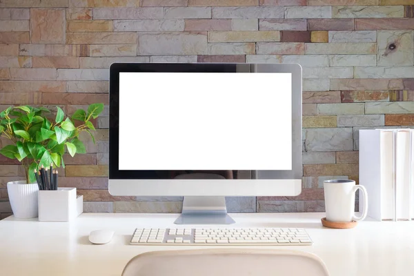 Home Office Interior Blank Computer Monitor Office Supplies White Table — Stock Photo, Image
