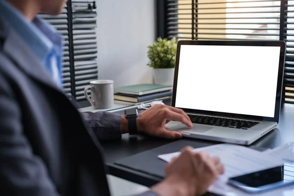 stock image Close up view of businessman hands typing on laptop computer. Empty screen for your advertise design.