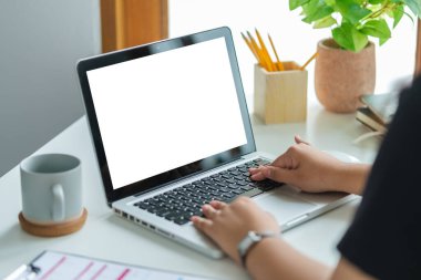 Genç iş kadını rahat bir iş yerinde oturuyor ve dizüstü bilgisayar kullanıyor..