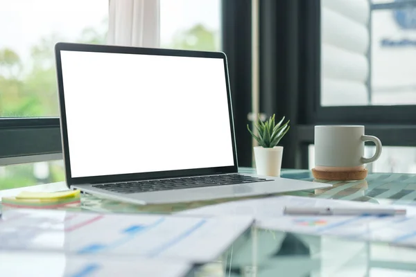 Laptop Mit Leerem Bildschirm Schreibwaren Und Topfpflanze Auf Weißem Tisch — Stockfoto