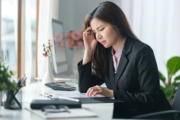 Stressed Female Employee Feeling Tired Work Suffering Headache Stress Work — стоковое фото