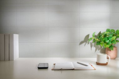 Kitap, kahve fincanı ve kalem tutacağı beyaz masada. Reklam metnin için boşluk kopyala.