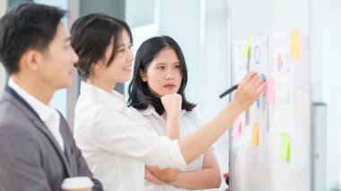 Girişimci motive iş adamları beyin fırtınası yapıyor, iş planı geliştiriyor ya da beyaz tahtada strateji geliştiriyor.
