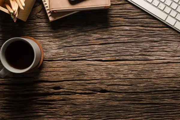 Simple Workplace Eyeglasses Notebooks Keyboard Coffee Cup Top View Copy — Stockfoto