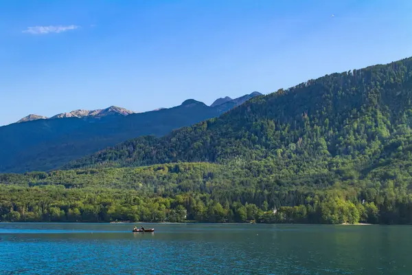 Slovenya 'nın Bohinj Gölü - 19 Ağustos 2018: Bir çift Bohinj Gölü ve çevresindeki yemyeşil orman ve dağların kürek çekerken manzarasının tadını çıkarıyor